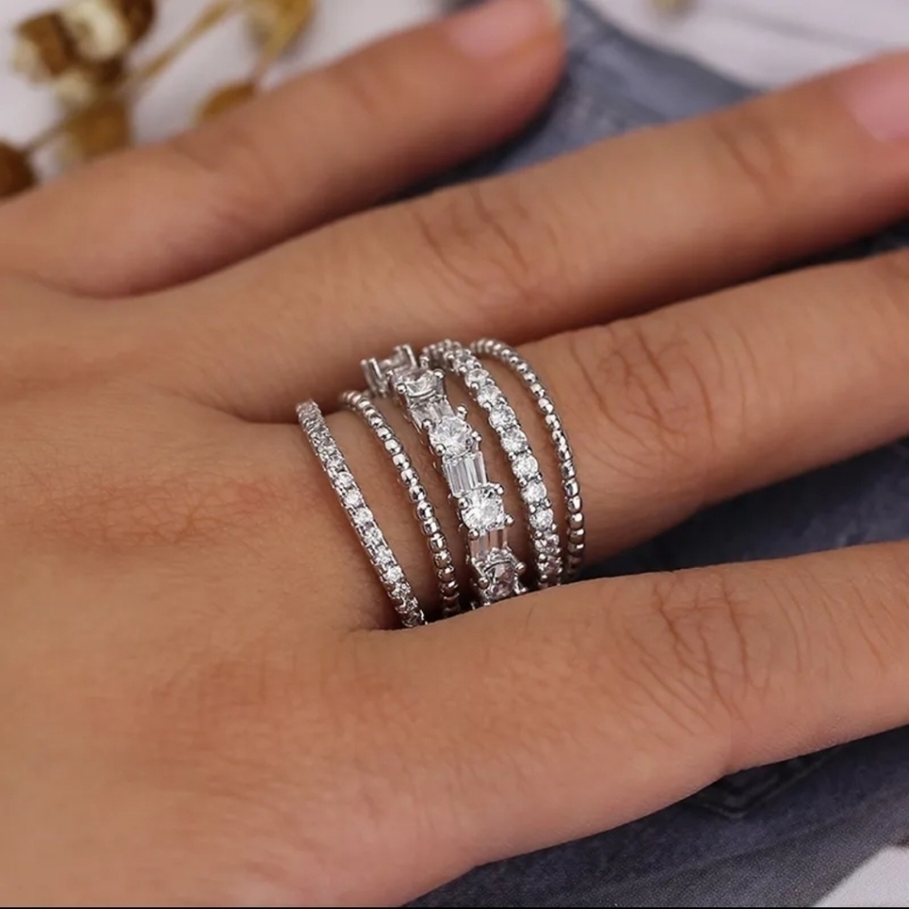 Multi Band Diamond CZ Stone Ring Stacked Statement Wide Silver Multilayered